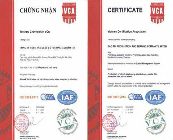 Chứng nhận VCA - Túi PE Bảo Tín - Công Ty TNHH Sản Xuất & Thương Mại Bảo Tín